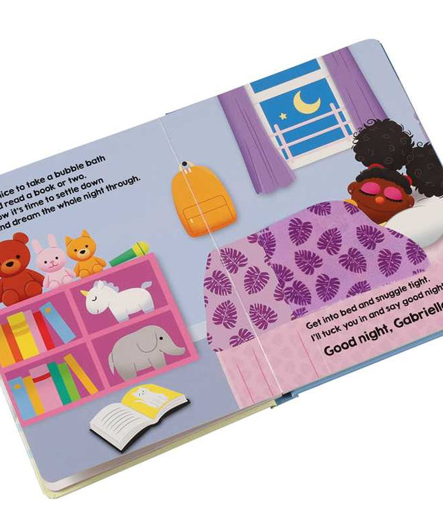 Children's book open to a page with illustrations of a bedroom and bedtime routine text.