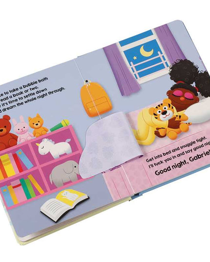 Children's book with illustrations of teddy bears and a lion in a bedroom setting.