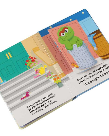 Illustrated page from a children's book featuring a green character peeking out from behind a door.