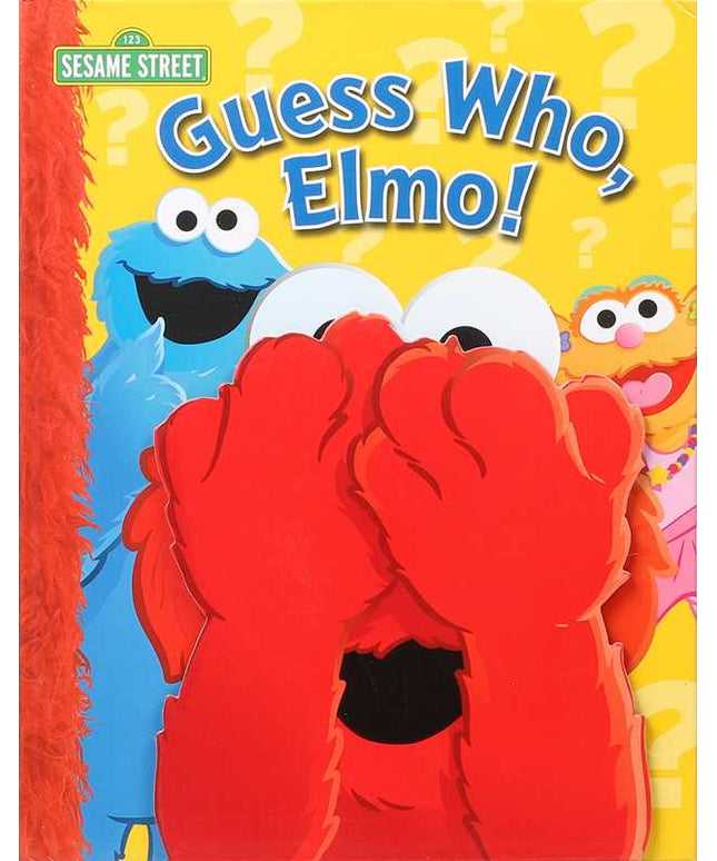 Book cover of 'Guess Who, Elmo!' featuring Elmo and Cookie Monster from Sesame Street.
