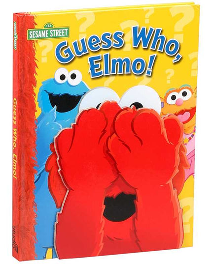 Sesame Street book titled 'Guess Who, Elmo!' with Elmo and Cookie Monster on the cover.