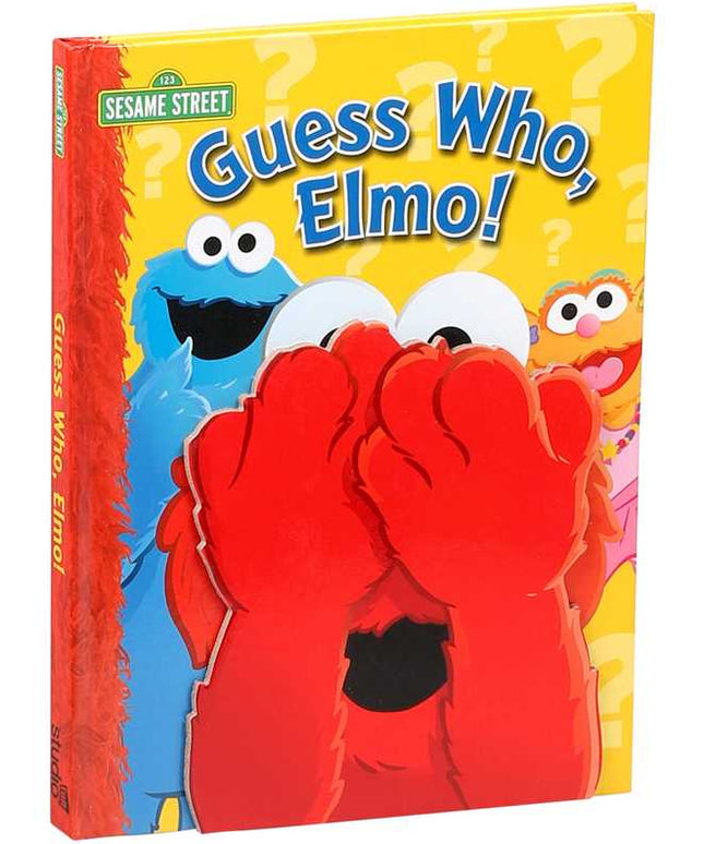 Sesame Street book titled 'Guess Who, Elmo!' with Elmo and Cookie Monster on the cover.