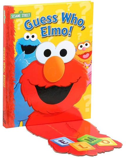 Sesame Street book titled 'Guess Who, Elmo!' with Elmo and Cookie Monster on the cover.