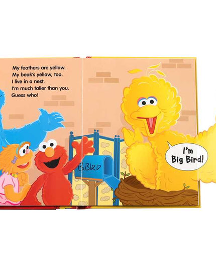 Sesame Street book page with Big Bird, Elmo, and Cookie Monster.
