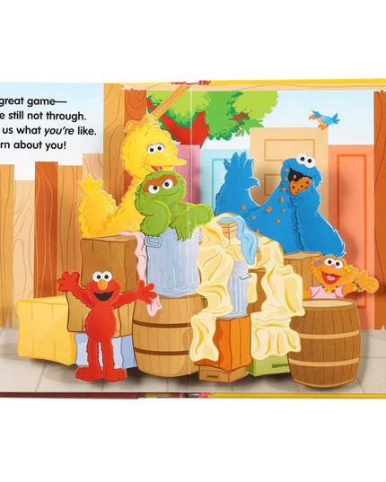 Sesame Street characters in a room with colorful decor and text.