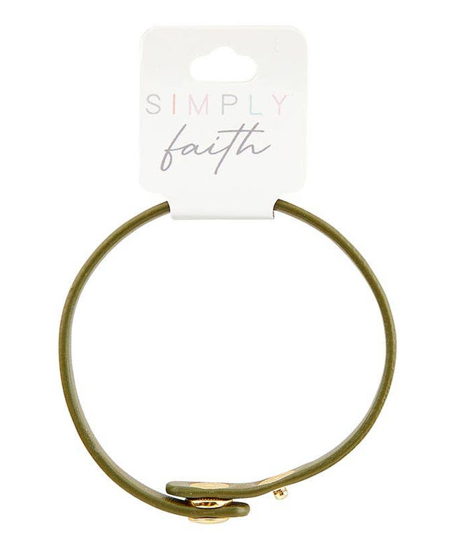 Gold bracelet on a white background with 'Simply Faith' tag