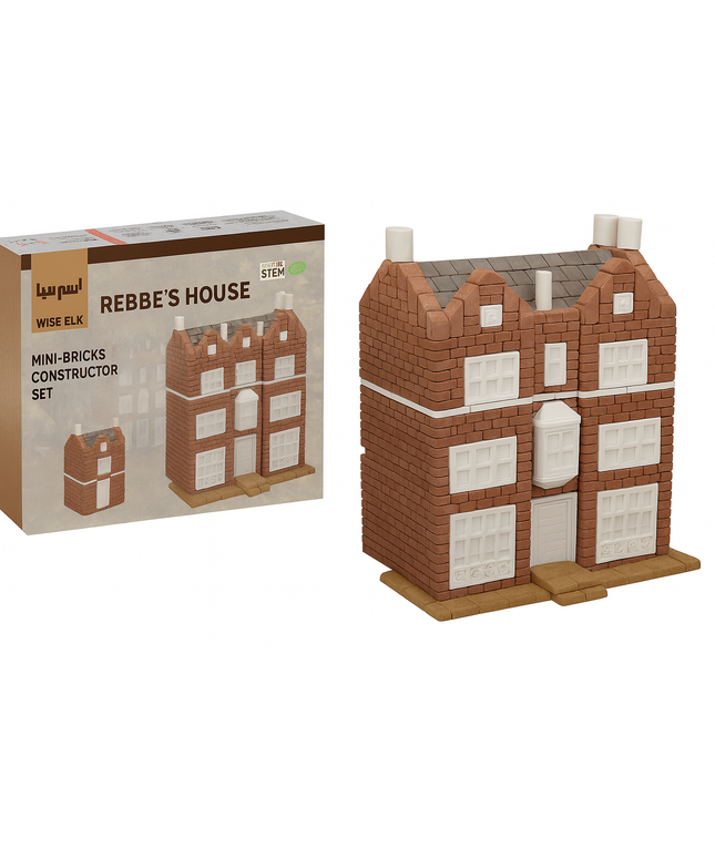 Mini-bricks constructor set of 'Rebbe's House' by Wise Elk with packaging on a white background