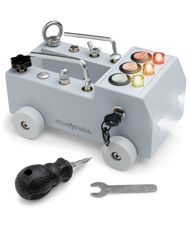 Children's toy truck with lights and tools on a white background