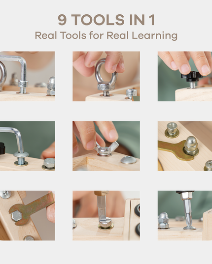 Collage of a tool set with text '9 Tools in 1 Real Tools for Real Learning' on a light background.