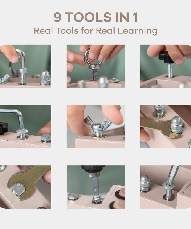 Set of tools with '9 Tools in 1' and 'Real Tools for Real Learning' text on a white background.
