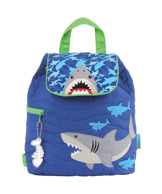 Shark-themed backpack with green accents on a white background