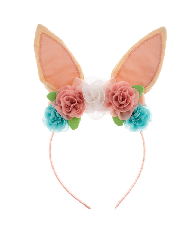 Headband with bunny ears and floral decorations on a white background