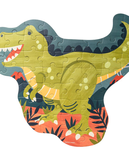 Dinosaur-shaped puzzle with colorful design on a white background