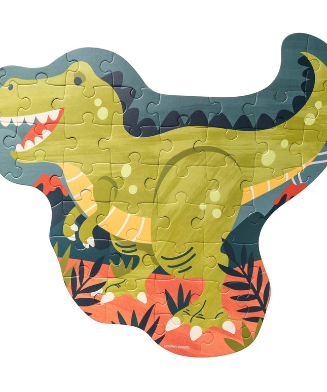 Dinosaur-shaped puzzle with colorful design on a white background