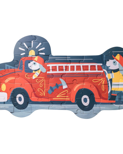 Children's puzzle shaped like a fire truck with cartoon dogs on a white background