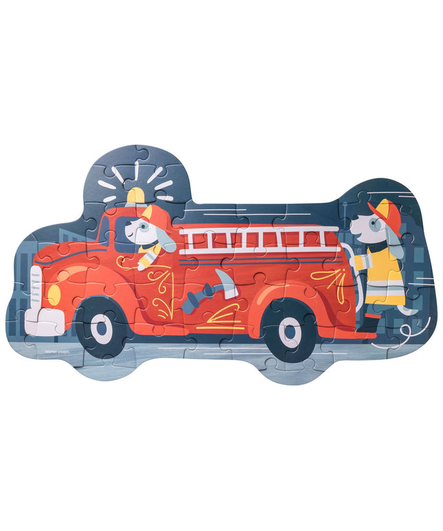 Children's puzzle shaped like a fire truck with cartoon dogs on a white background