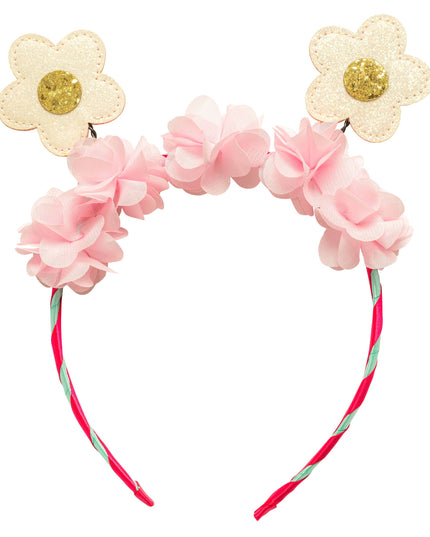 Floral headband with pink flowers and gold centers on a white background
