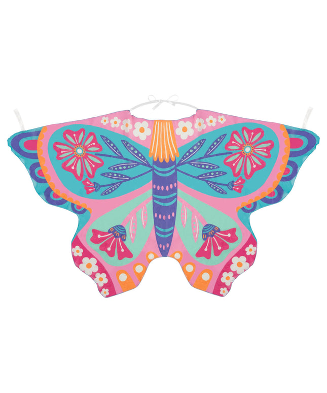 Colorful butterfly-shaped wings with floral design on a white background