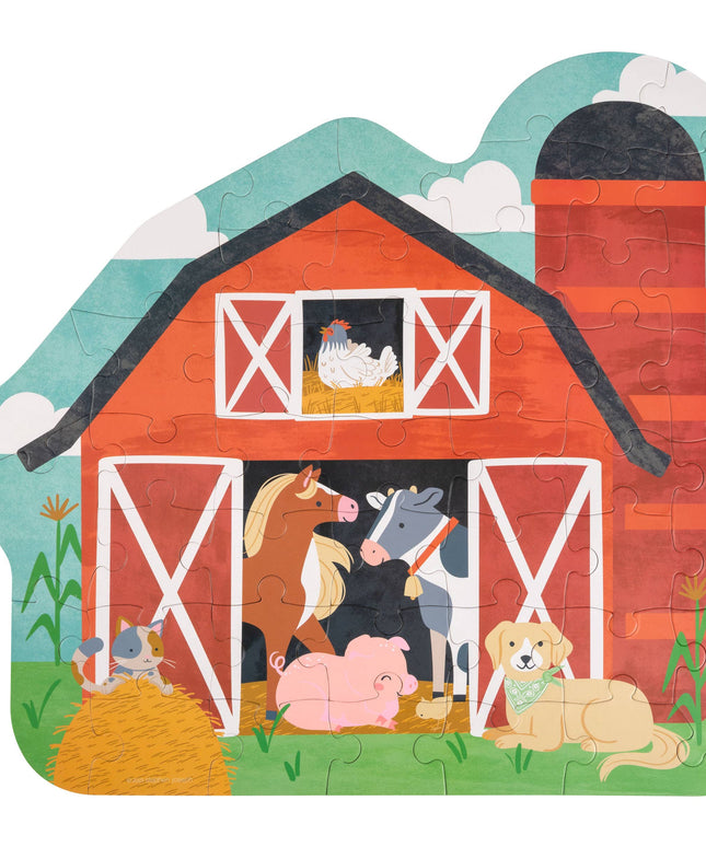 Children's puzzle with a red barn and farm animals on a white background