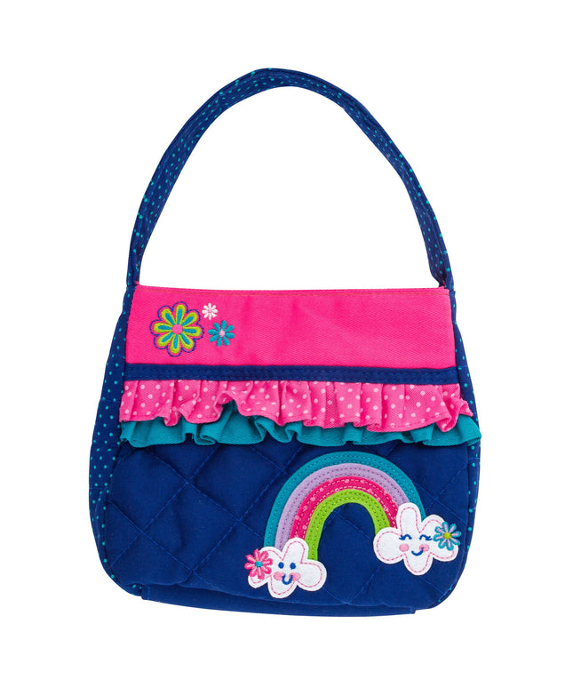 Children's handbag with rainbow and floral design on a white background