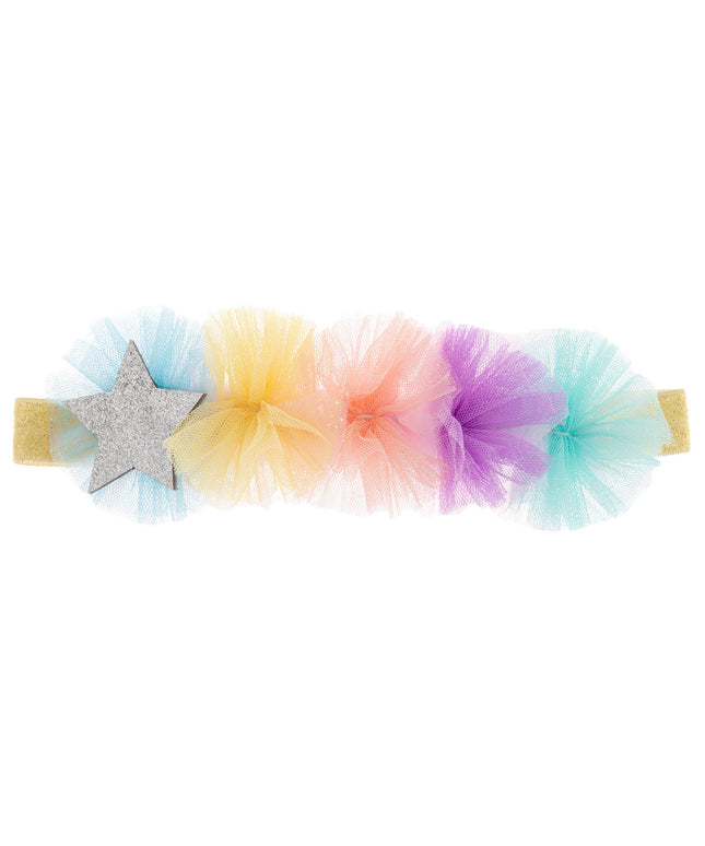 Colorful tulle headband with a star accessory on a white background