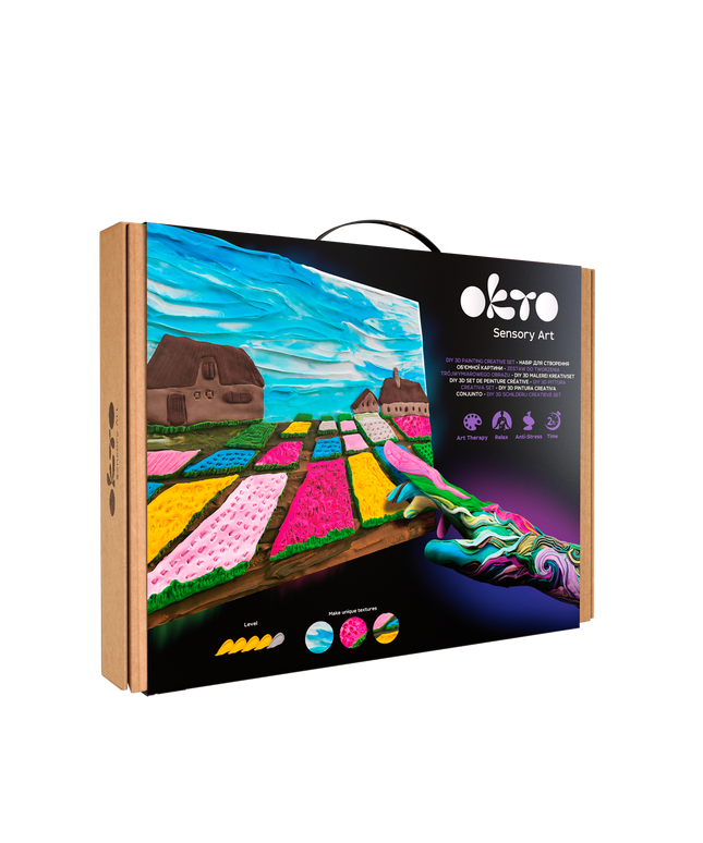 Okto Sensory Art packaging with a colorful art project on a white background