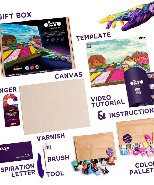 Collage of art supplies including a gift box, canvas, hanger, varnish, brush, letter tool, video tutorial, and color pallets with Októ branding.