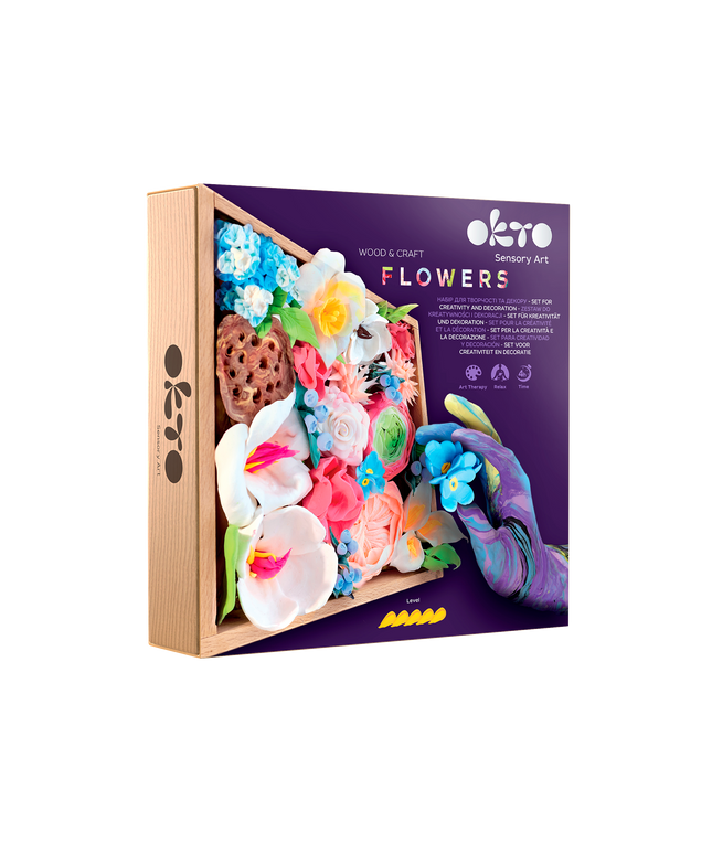 Okibo sensory art flowers kit packaging with colorful flowers and wooden box on a white background