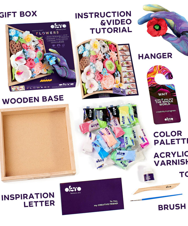 Collage of art supplies including a gift box, wooden base, acrylic varnish, brush, and more.