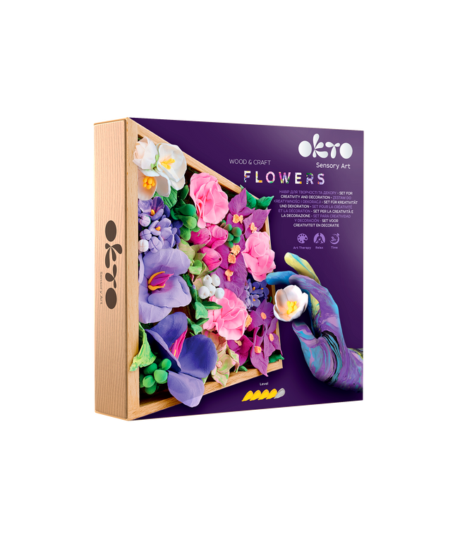 Okto Sensory Art Flowers kit packaging with colorful flowers and a hand wearing gloves on a white background