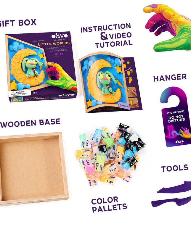 Set of art supplies including a gift box, wooden base, color palettes, tools, and an instruction video tutor.