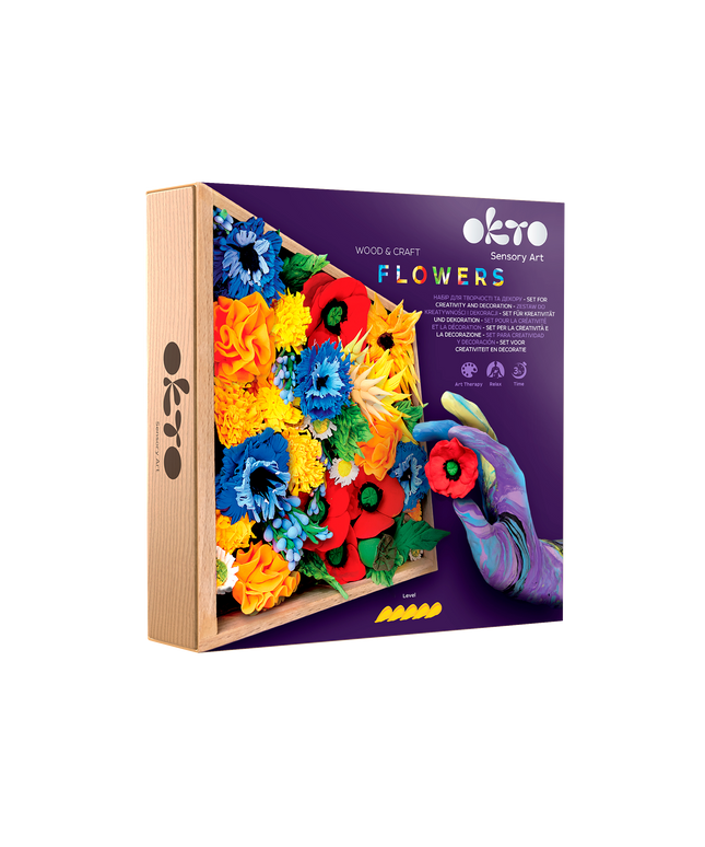 Okibo Flowers sensory art kit packaging with colorful flowers and a child's hand