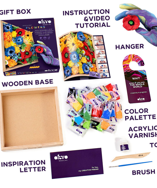 Collage of art supplies including a gift box, wooden base, acrylic paint packets, and tools on a white background.