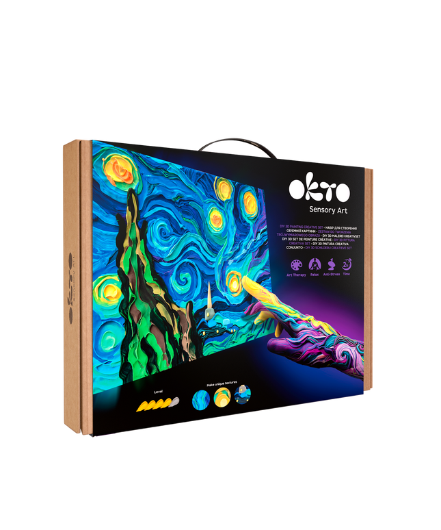 Okto Sensory Art packaging with colorful design and brand logo.