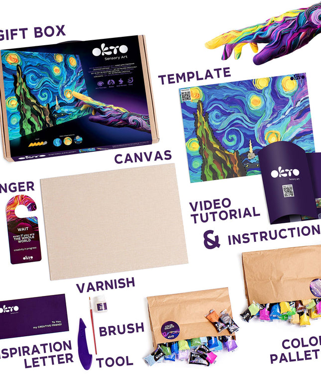 Artistic creation kit with various items including a canvas, template, and video tutorial on a white background.