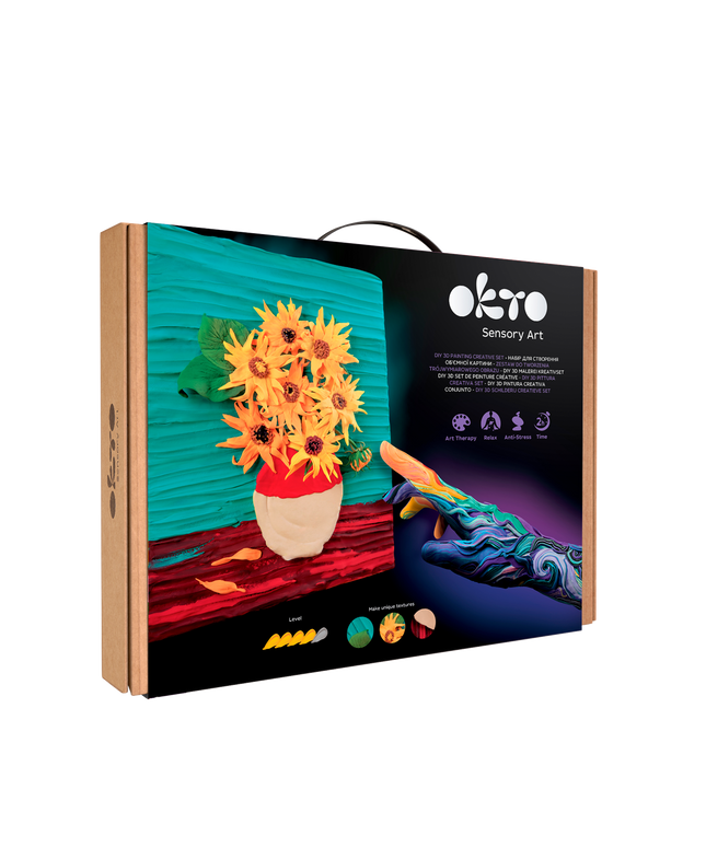 Okto Sensory Art packaging with sunflower design on a white background