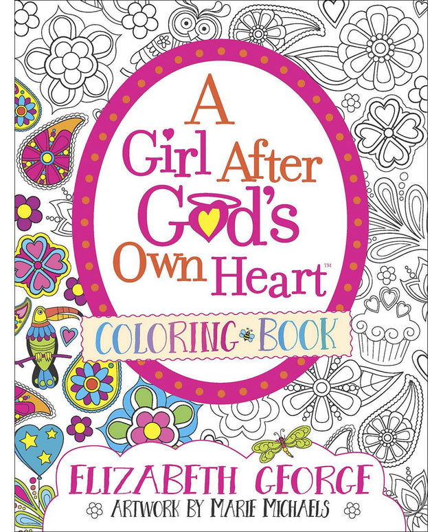 Coloring book cover titled 'A Girl After God's Own Heart' with decorative elements and text.