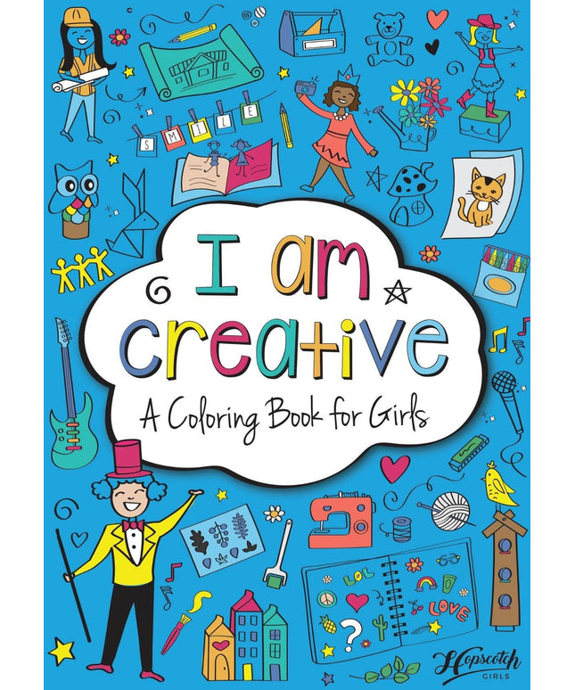 Coloring book cover titled 'I am creative: A Coloring Book for Girls' with illustrations of children and activities on a blue background.
