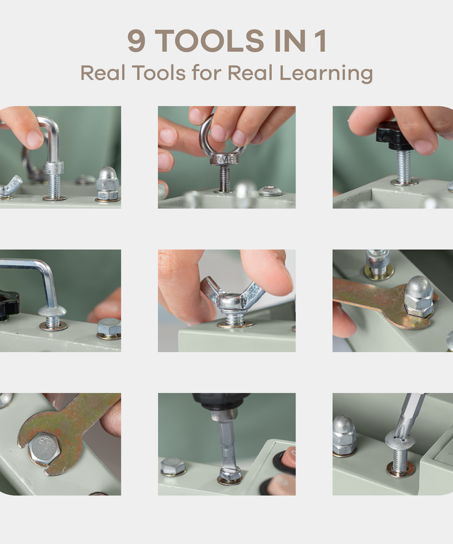 Collage of hands using multiple tools on a mechanical model with text '9 Tools in 1' and 'Real Tools for Real Learning'.