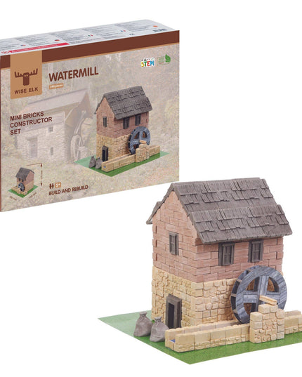 Mini bricks constructor set of a watermill with packaging on a white background