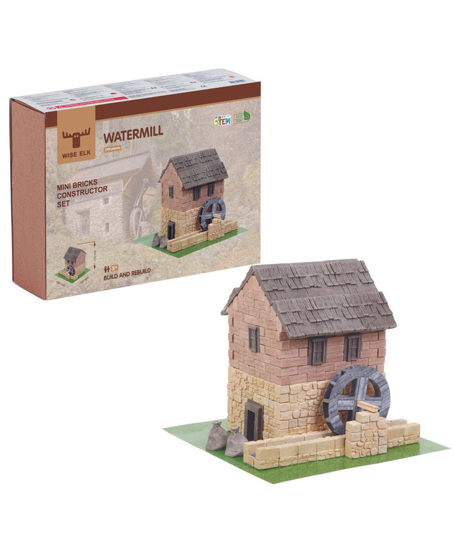 Mini bricks constructor set of a watermill with packaging on a white background