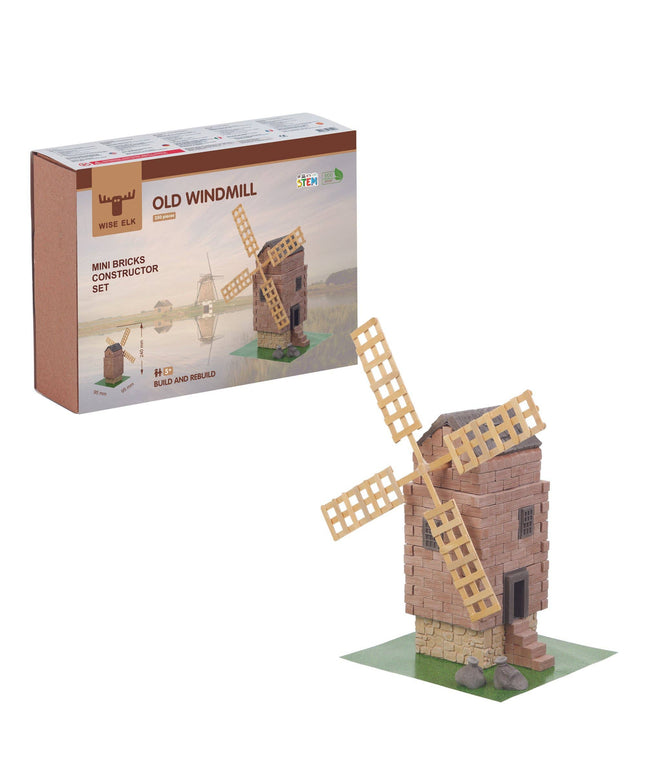 Model of an old windmill with a box labeled 'Old Windmill' in the background.
