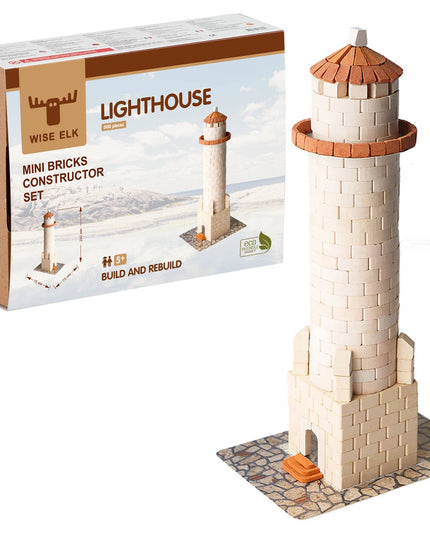 Mini bricks lighthouse constructor set with packaging on a white background