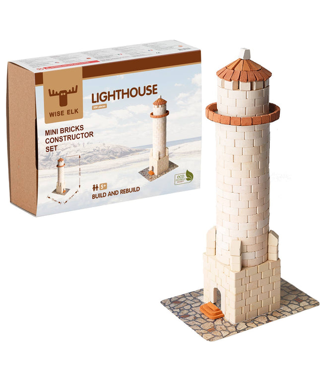 Mini bricks lighthouse constructor set with packaging on a white background