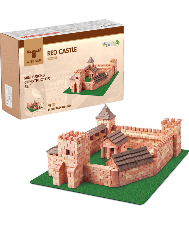 Red castle mini bricks constructor set with packaging on a white background