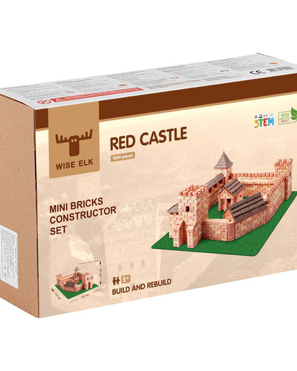 Box of Wise Elk Red Castle mini bricks constructor set on a white background