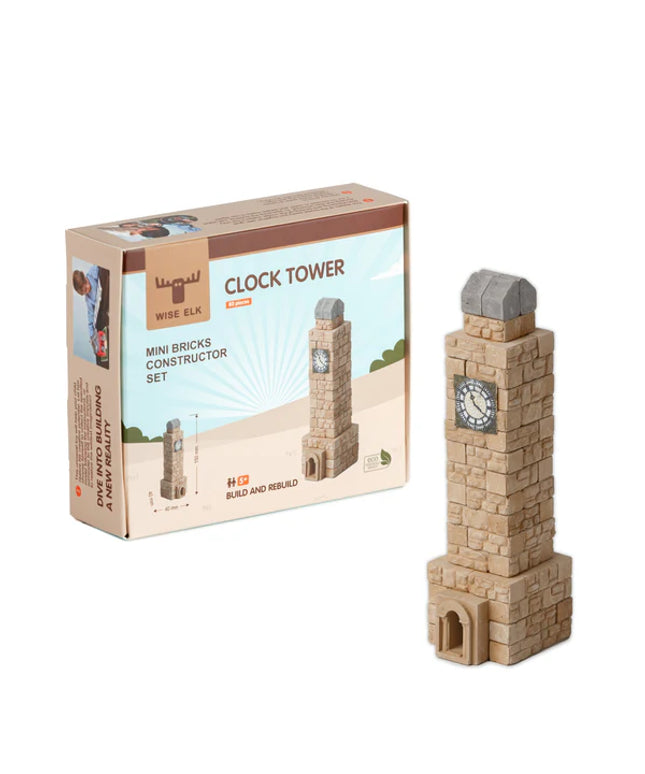Wise Elk clock tower mini bricks constructor set with packaging on a white background