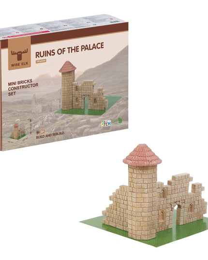 Mini bricks constructor set packaging with castle model on a white background