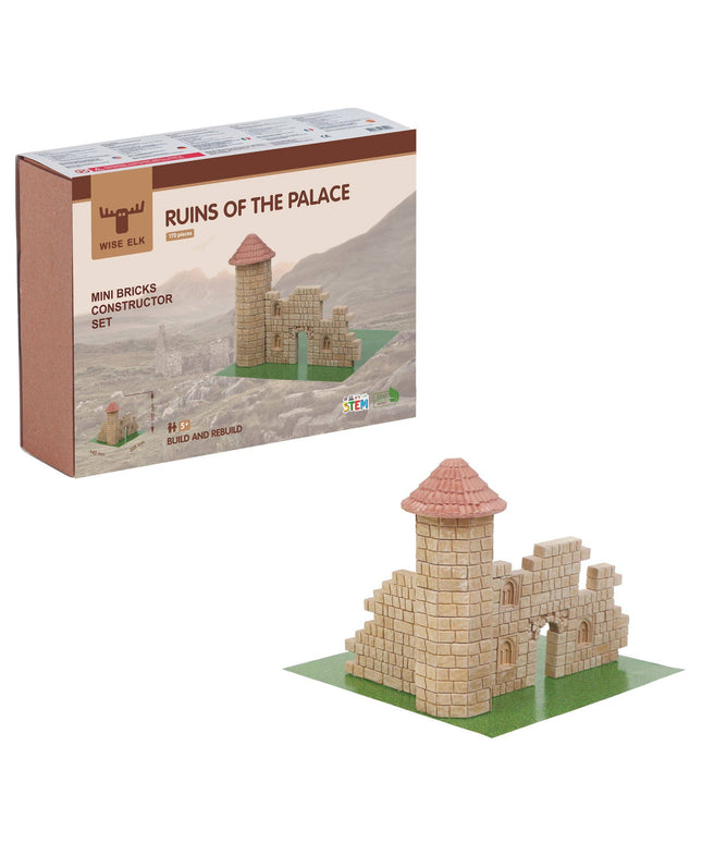 Mini bricks constructor set packaging with castle model on a white background