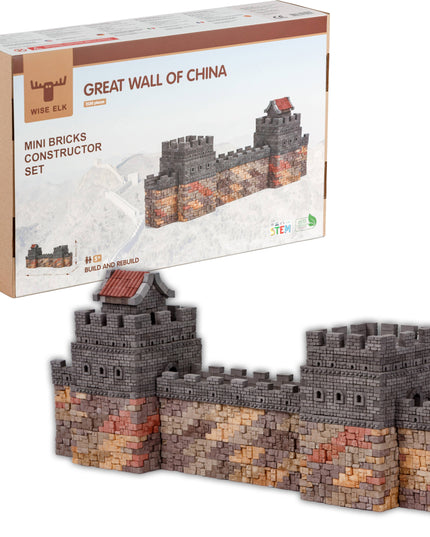 Mini bricks constructor set of the Great Wall of China with packaging in the background